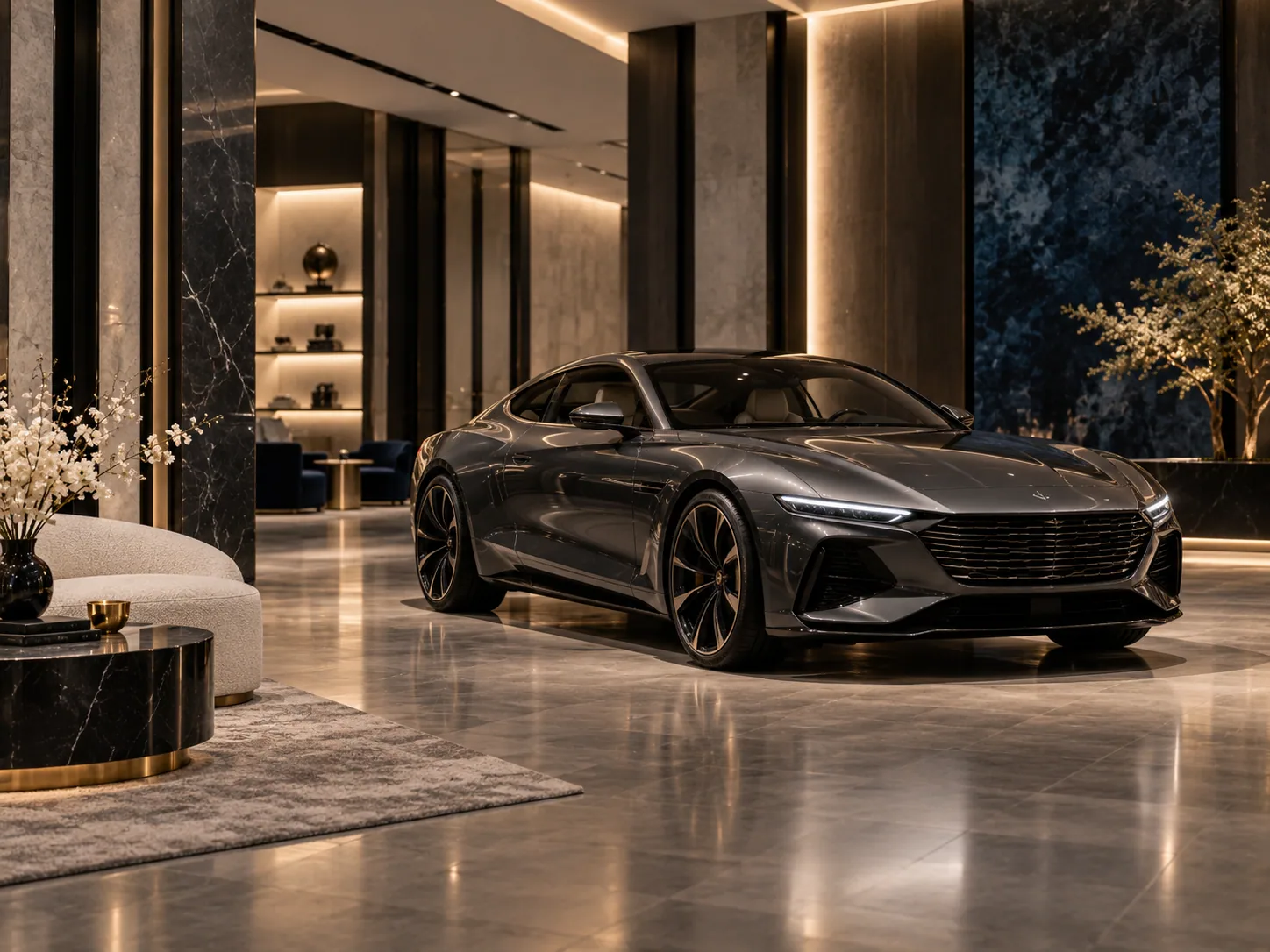 Automóvil de lujo en un showroom de líneas contemporáneas