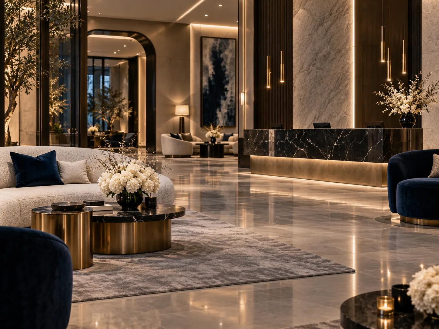 Recepción de hotel con materiales nobles y luz cálida
