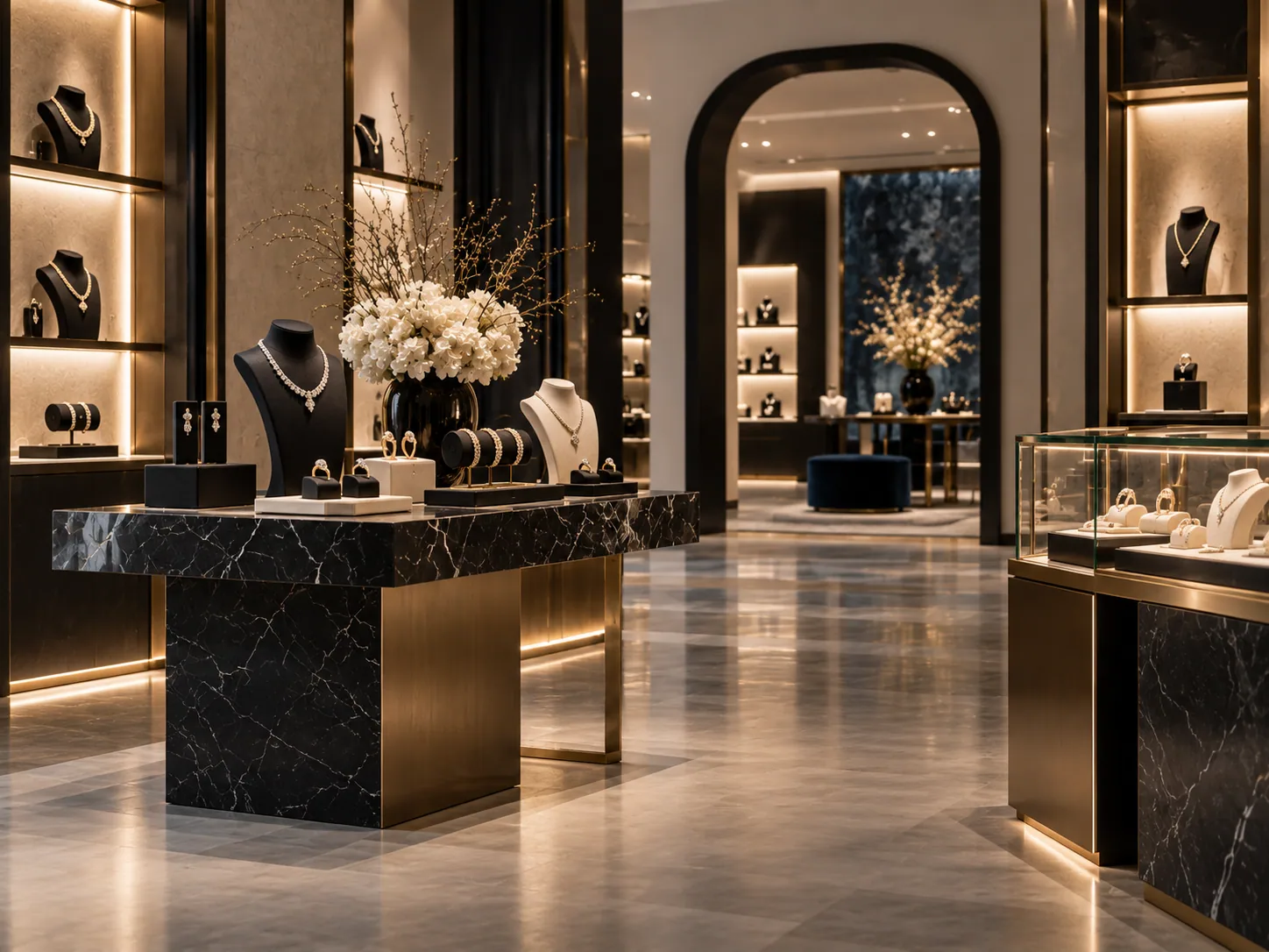 Joyería premium con piezas expuestas y materiales nobles