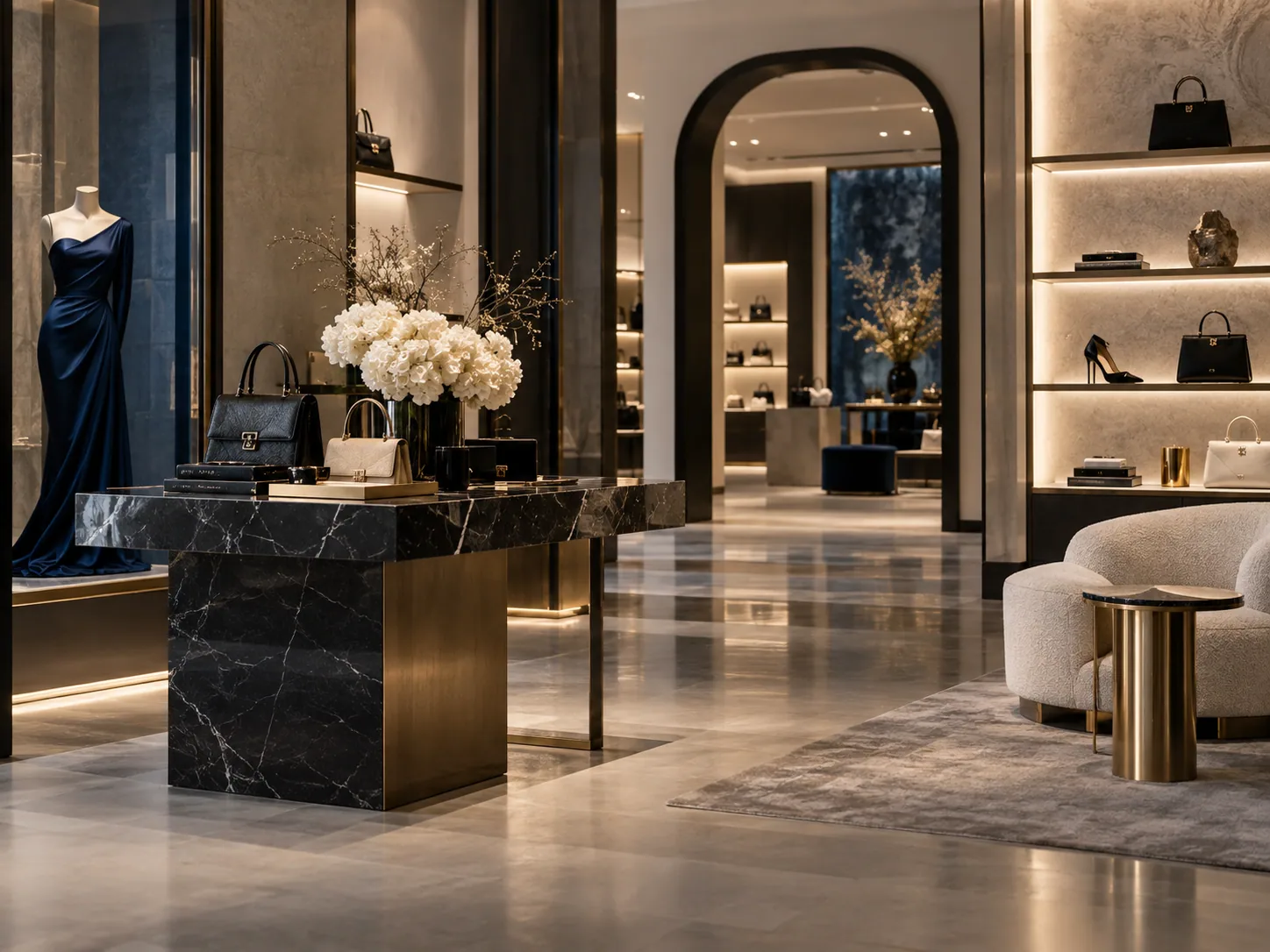 Boutique de moda y accesorios con mármol oscuro e iluminación cálida